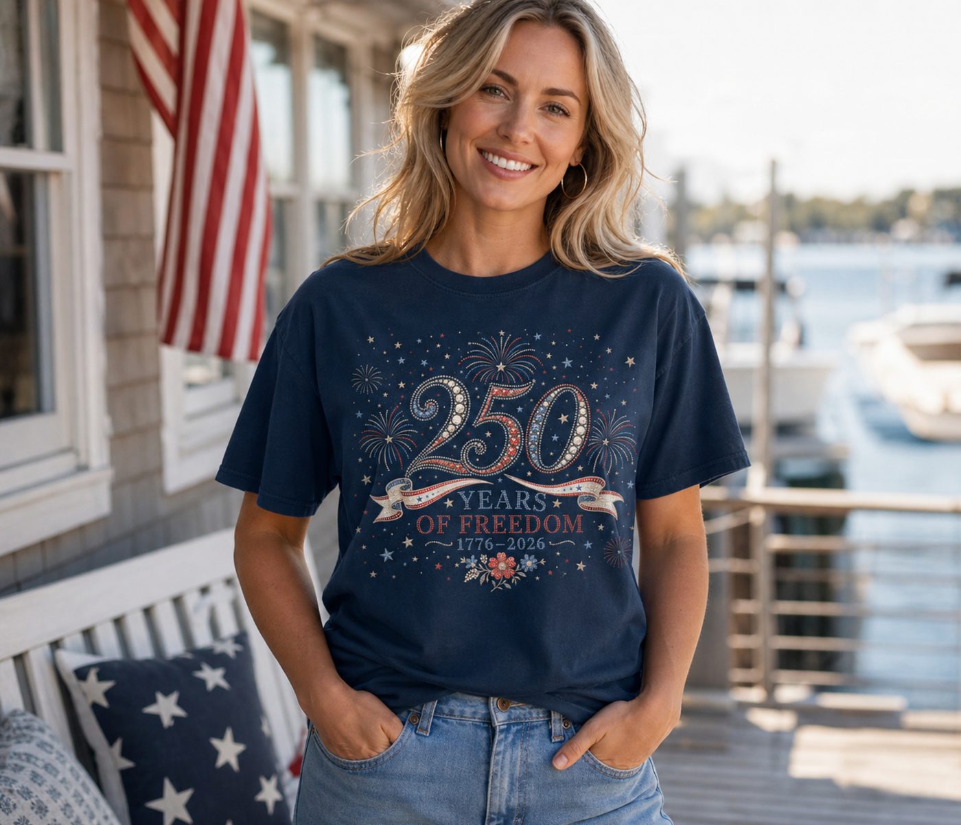 250 Years of Freedom — navy tee with rhinestone-inspired 250 design, worn at a waterfront home