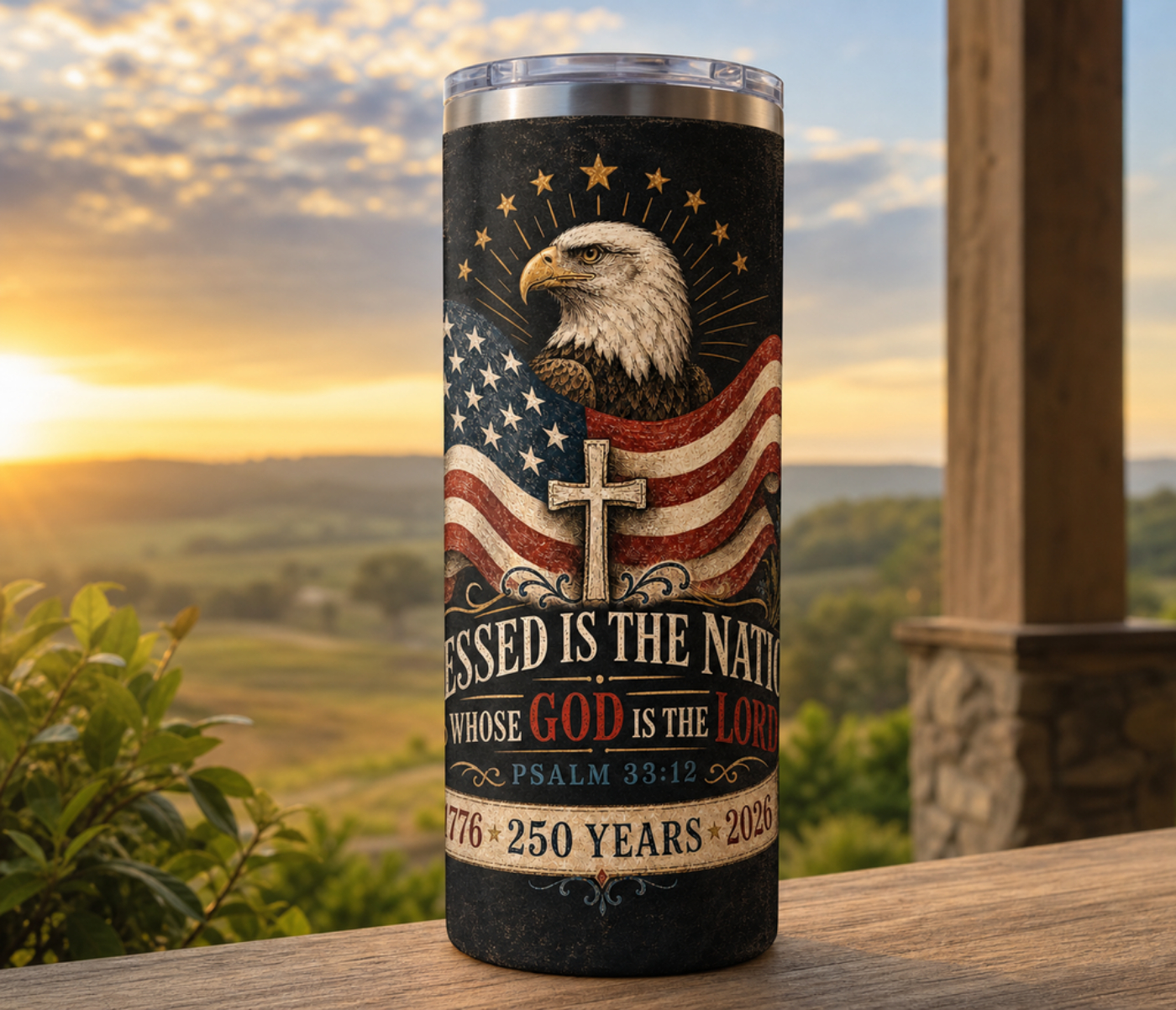 Blessed Is the Nation — dark tumbler mockup with eagle, flag, and cross design at sunset