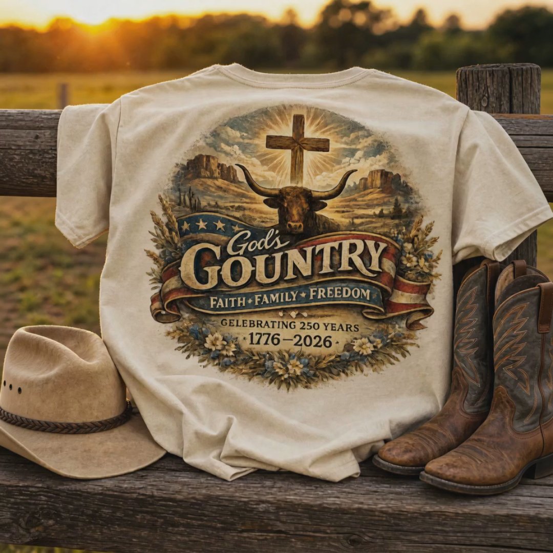 God's Country — cream tee mockup with longhorn and cross design, styled with cowboy hat and boots on a wood fence
