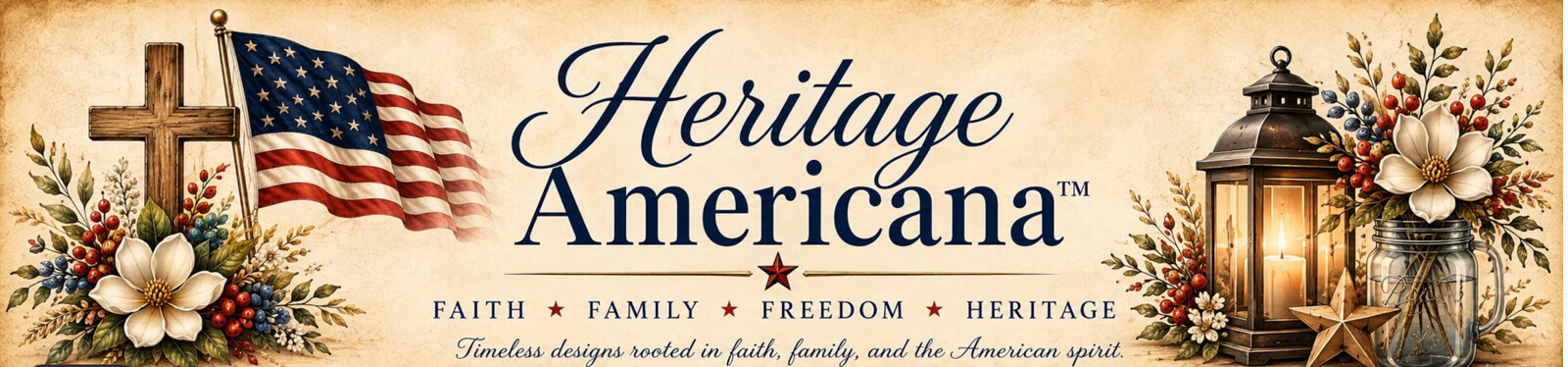 Heritage Americana — Faith, Family, Freedom, Heritage. Timeless designs rooted in faith, family, and the American spirit.