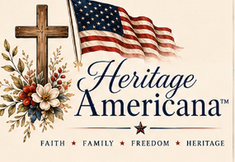 Heritage Americana primary logo — rustic cross, American flag, and wildflowers with Faith, Family, Freedom, Heritage tagline